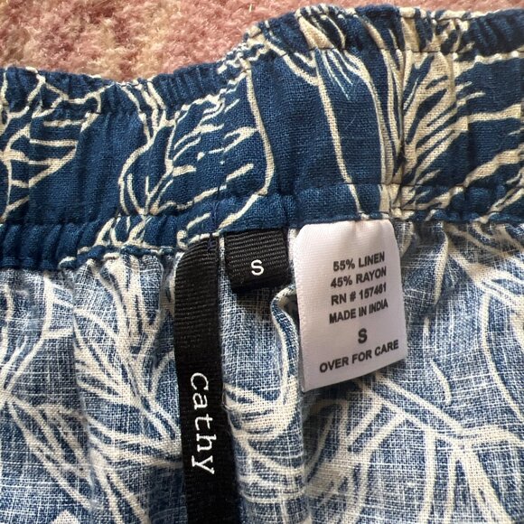 CATHY blue white leaf pattern linen rayon lounge pants WOMEN S - Picture 3 of 4
